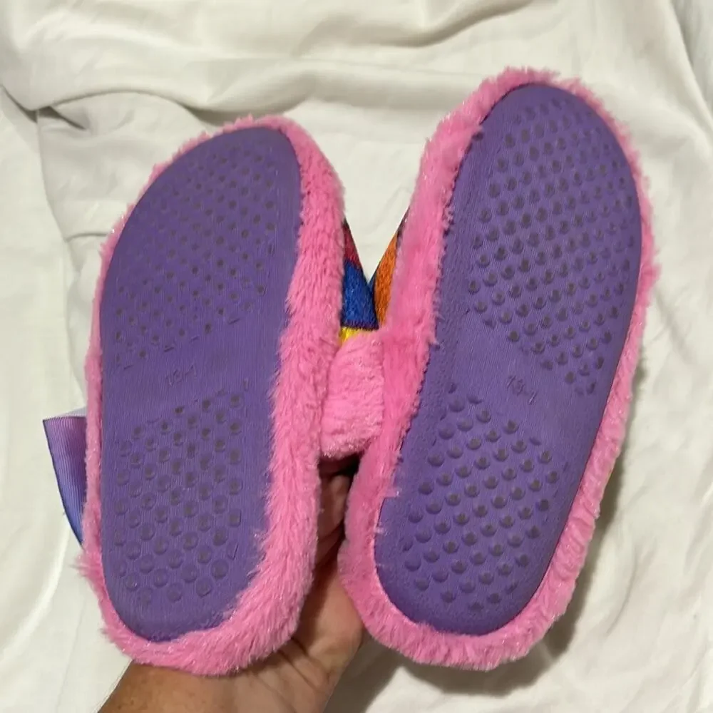 Rainbow slippers 13/1 worn once bows and glitter soft furry rubber soles